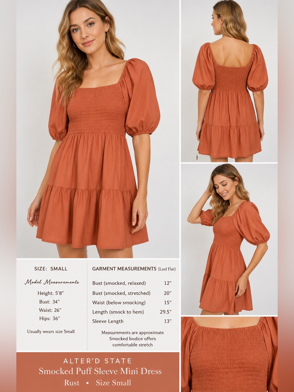 Alter’d State Smocked Puff Sleeve Tiered Mini Dress Rust Small Boho